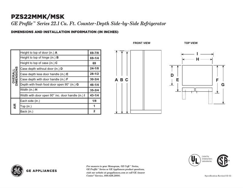 Page n°1 - Fiche technique GE PZS22MSKSS