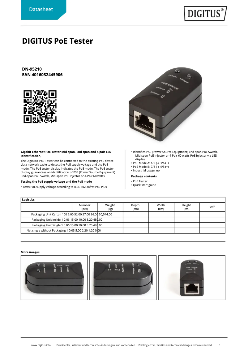 Page 1 de la notice Fiche technique Digitus DN-95210