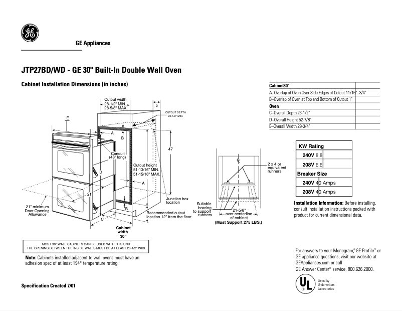Página 1 del manual Ficha técnica GE JTP27BDBB