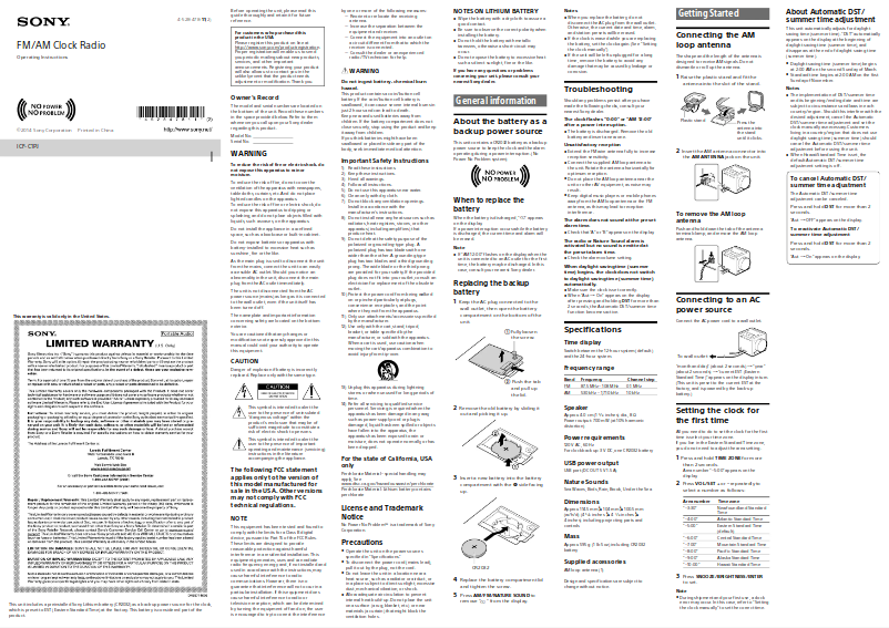 Page 1 de la notice Manuel d'utilisation et d'entretien Sony ICF-C1PJ