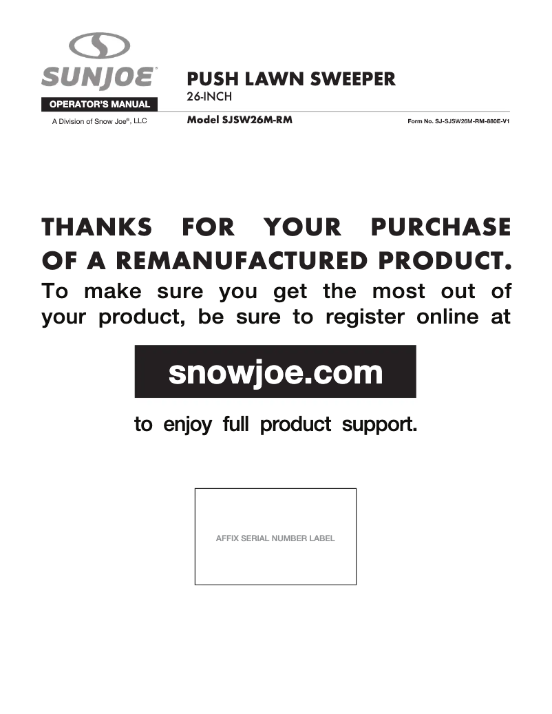 Page 1 de la notice Manuel utilisateur Sun Joe SJSW26M-RM