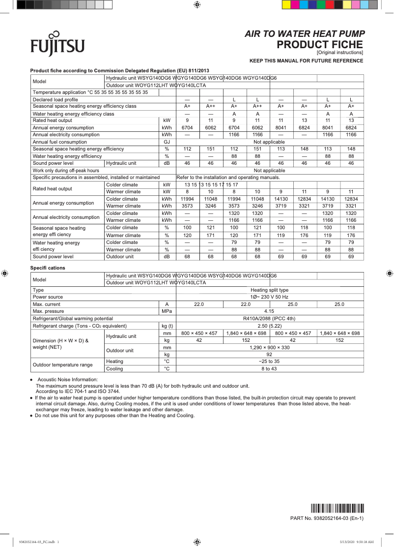 Page 1 of the manual Technical Sheet Fujitsu WATERSTAGE WGYG140DG6