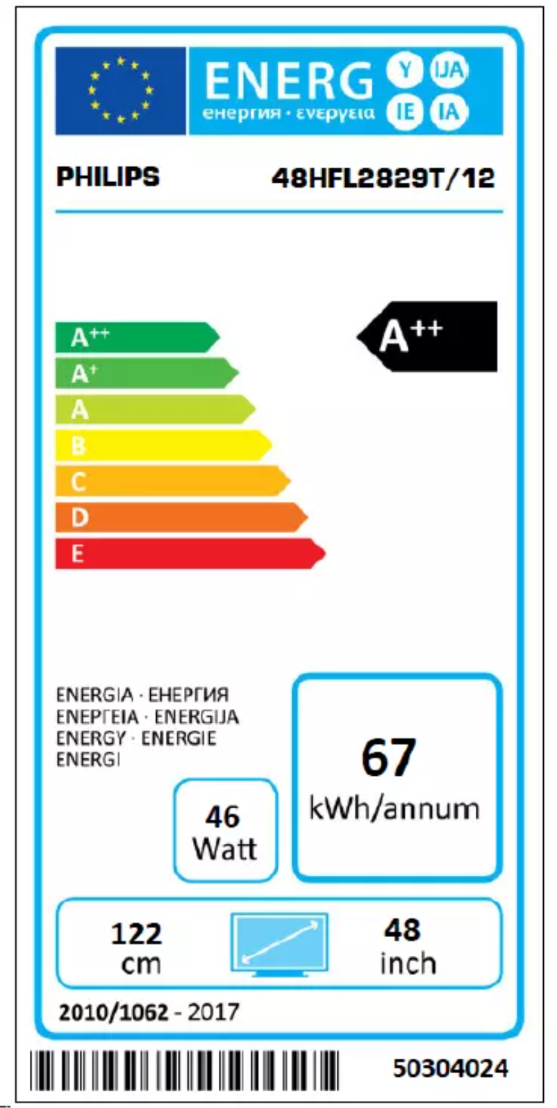 Page n°1 - Label énergétique Philips 48HFL2829T