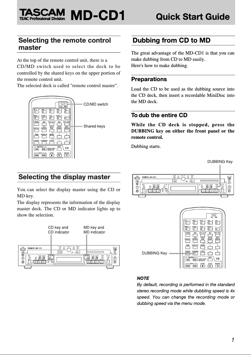 Page 1 de la notice Guide d'installation Tascam MD-CD1