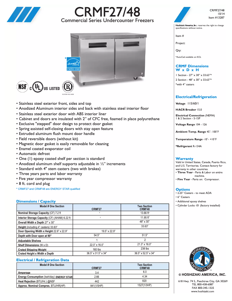 Page 1 de la notice Fiche technique Hoshizaki Commercial CRMF27