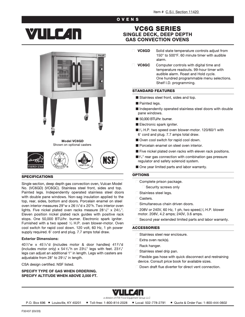 Page 1 de la notice Fiche technique Vulcan VC6GC