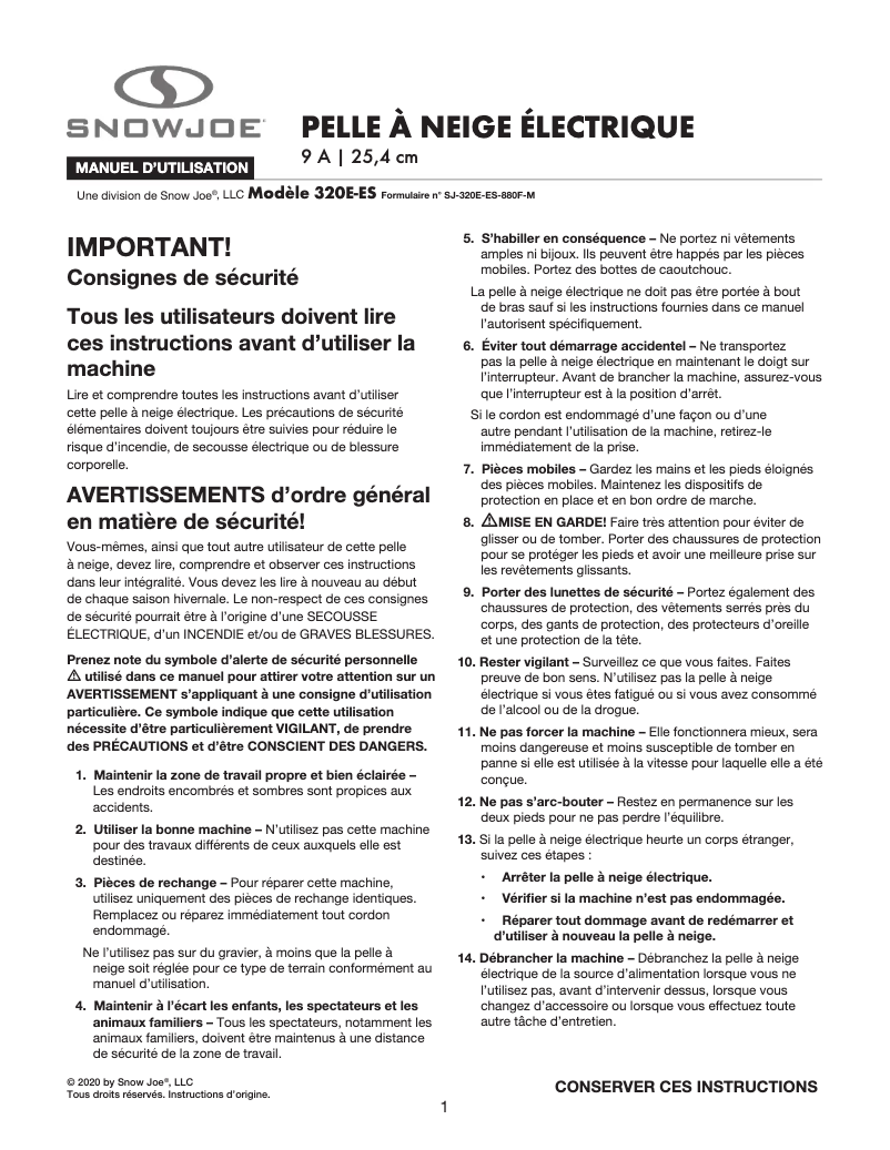 Page 1 de la notice Manuel utilisateur Snow Joe 320E-ES