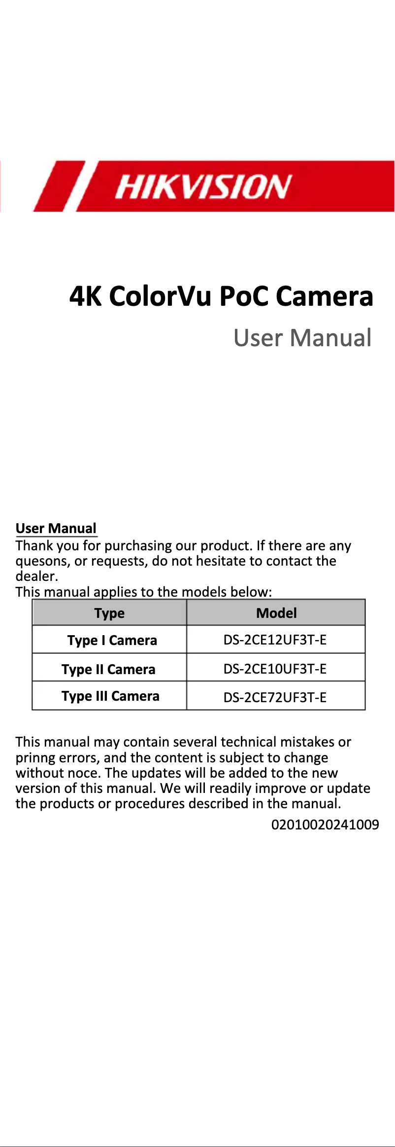 Page 1 de la notice Manuel utilisateur Hikvision DS-2CE12UF3T-E