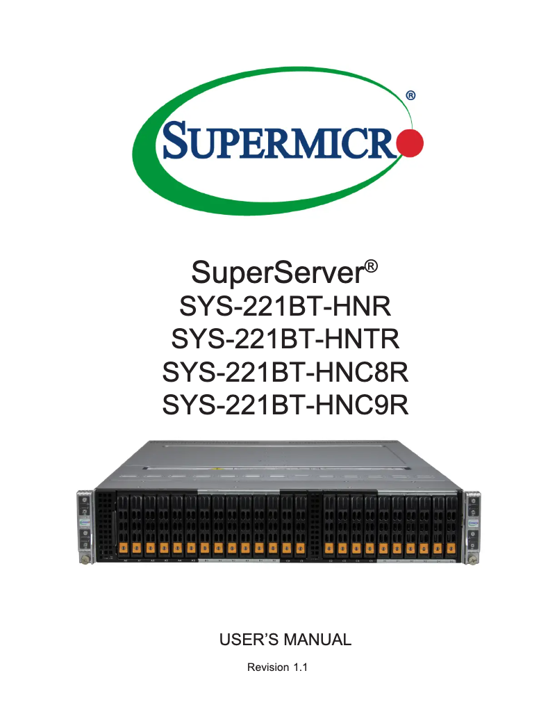 Page 1 de la notice Manuel utilisateur Supermicro SuperServer SYS-221BT-HNC8R