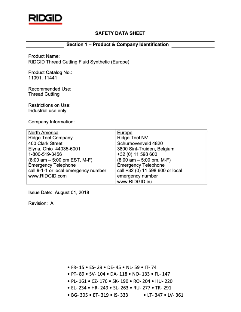 Page 1 de la notice Fiche technique Ridgid 141