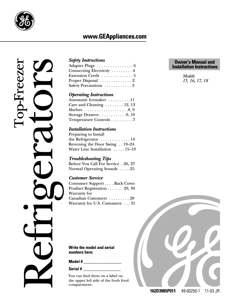 Page n°1 - Manuel d'utilisation et d'entretien GE GTS18XCRWW