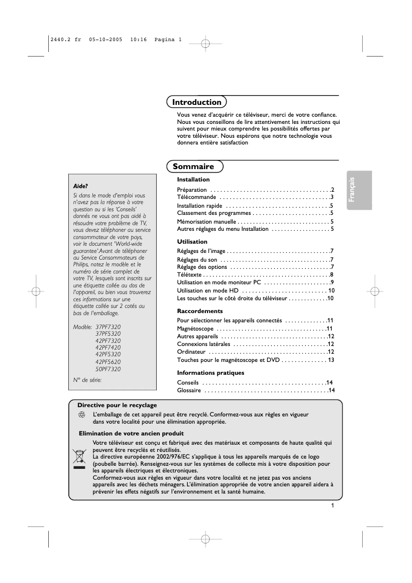 Página 1 del manual Manual de usuario Philips 50PF7320
