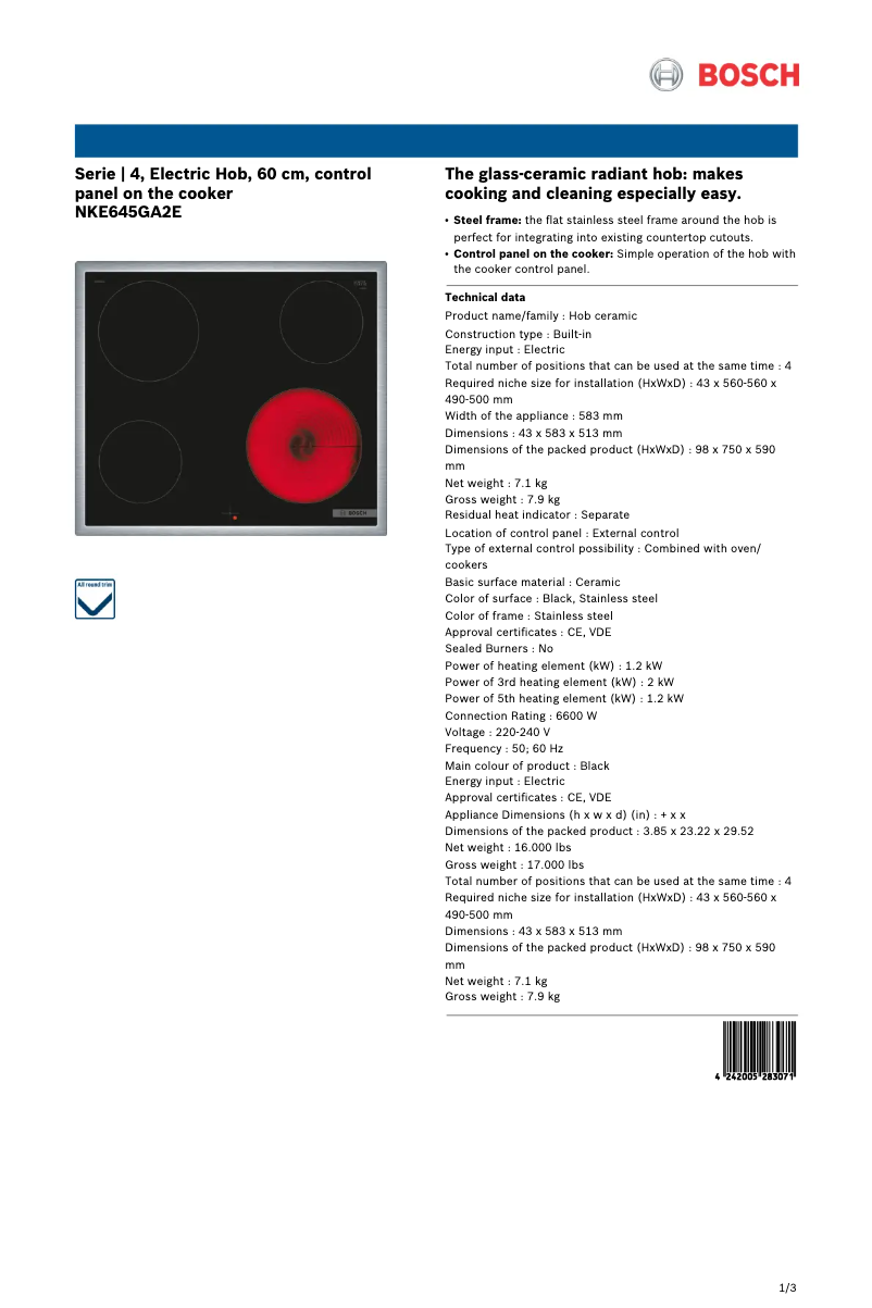 Page 1 de la notice Fiche technique Bosch NKE645GA2E