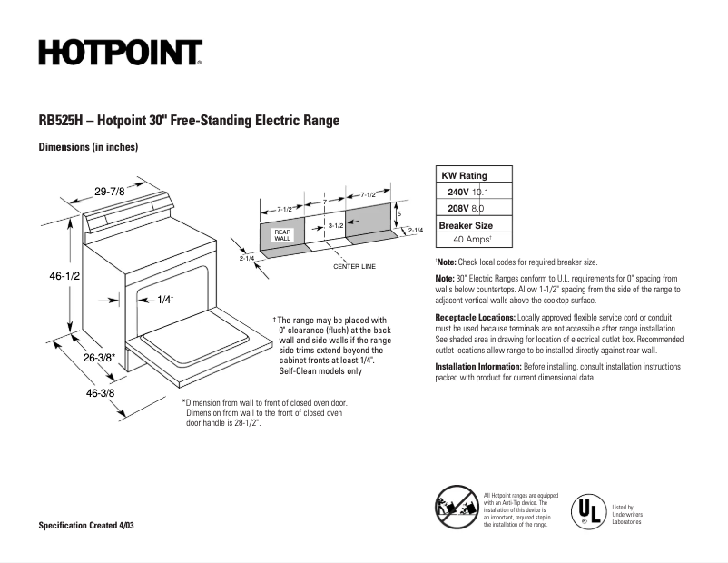 Page 1 de la notice Fiche technique Hotpoint RB525HAD