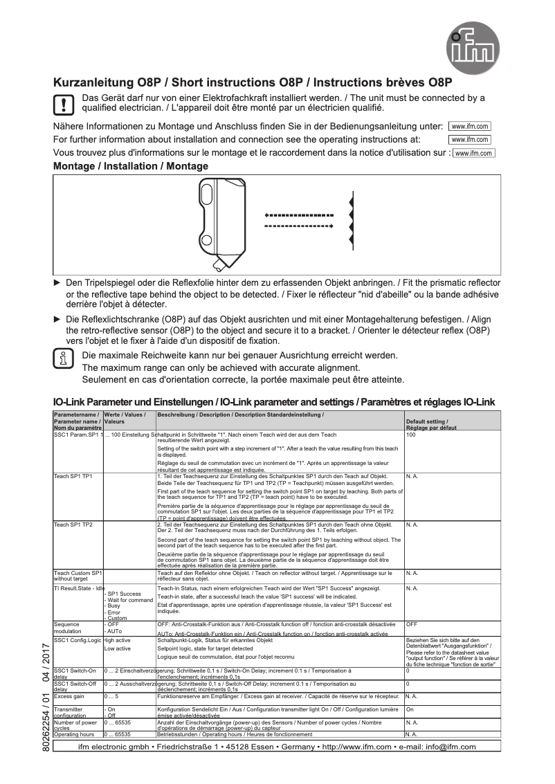 Page 1 de la notice Manuel utilisateur IFM O8P200