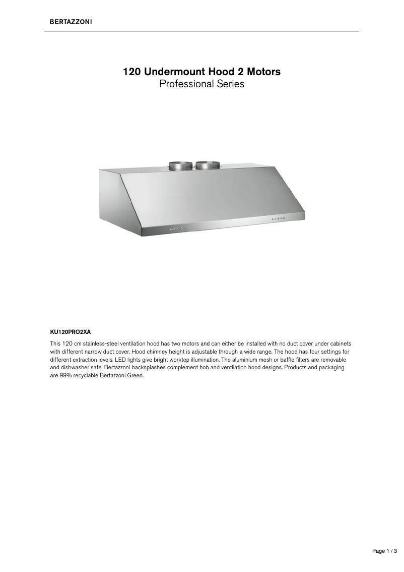 Page 1 de la notice Fiche technique Bertazzoni KU120PRO2XA