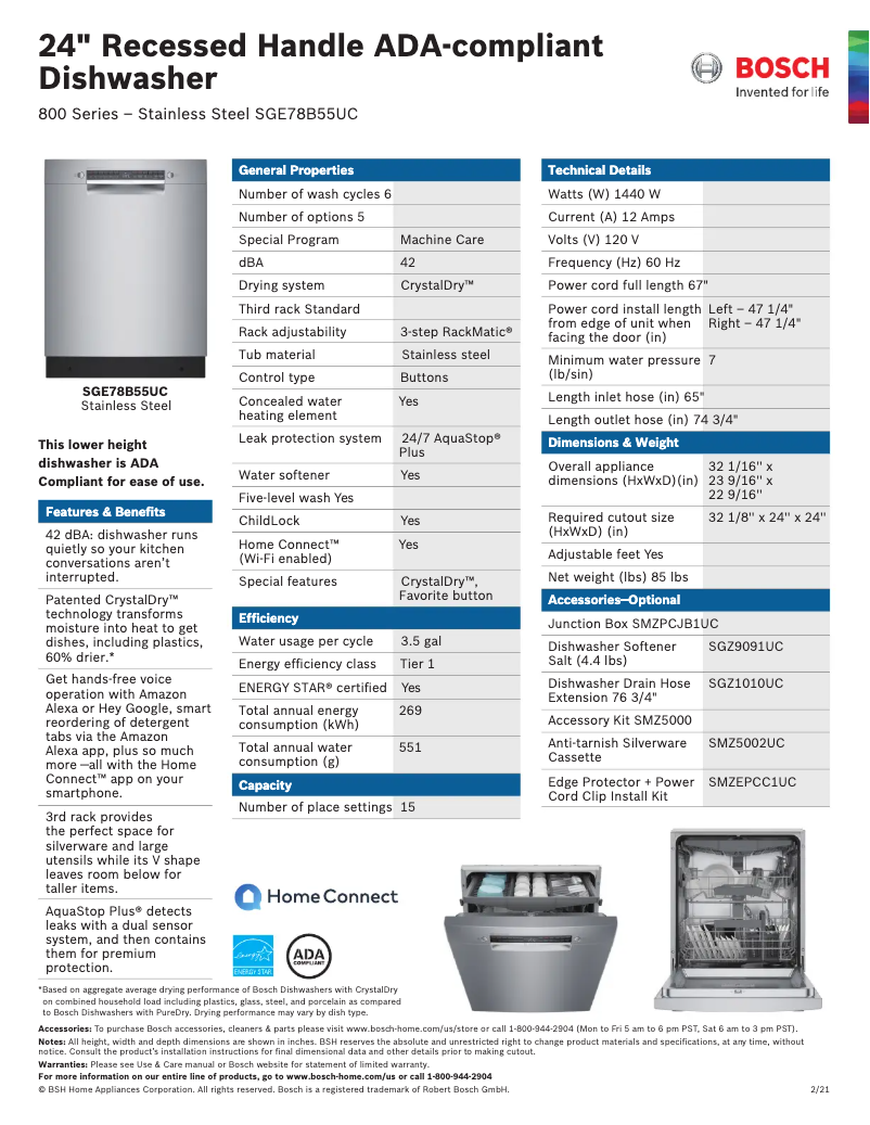 Page 1 de la notice Fiche technique Bosch SGE78B55UC
