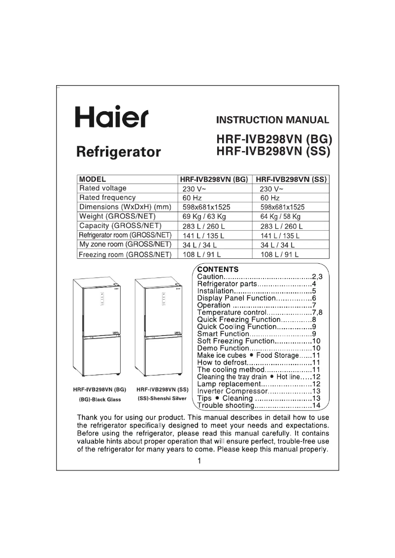Page 1 de la notice Manuel utilisateur Haier HRF-IVB339MG