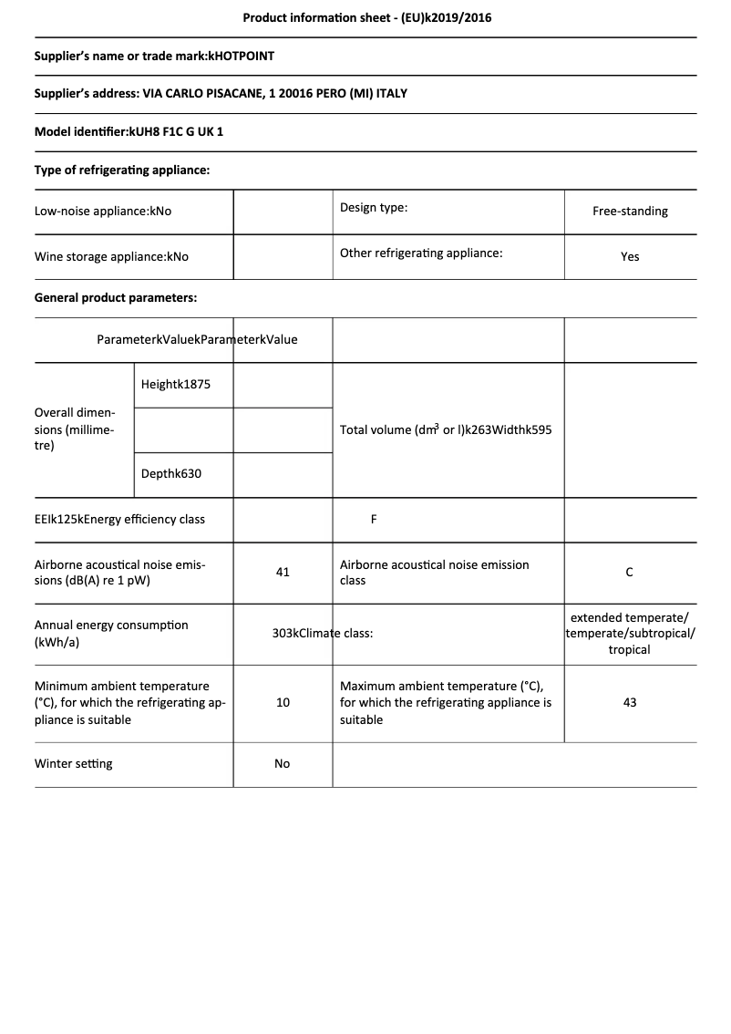 Page 1 of the manual Technical Sheet Hotpoint UH8 F1C G UK.1