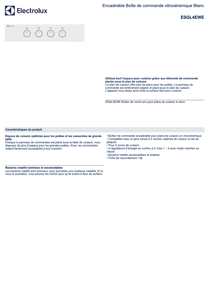 Page 1 de la notice Fiche technique AEG ESGL4EWE