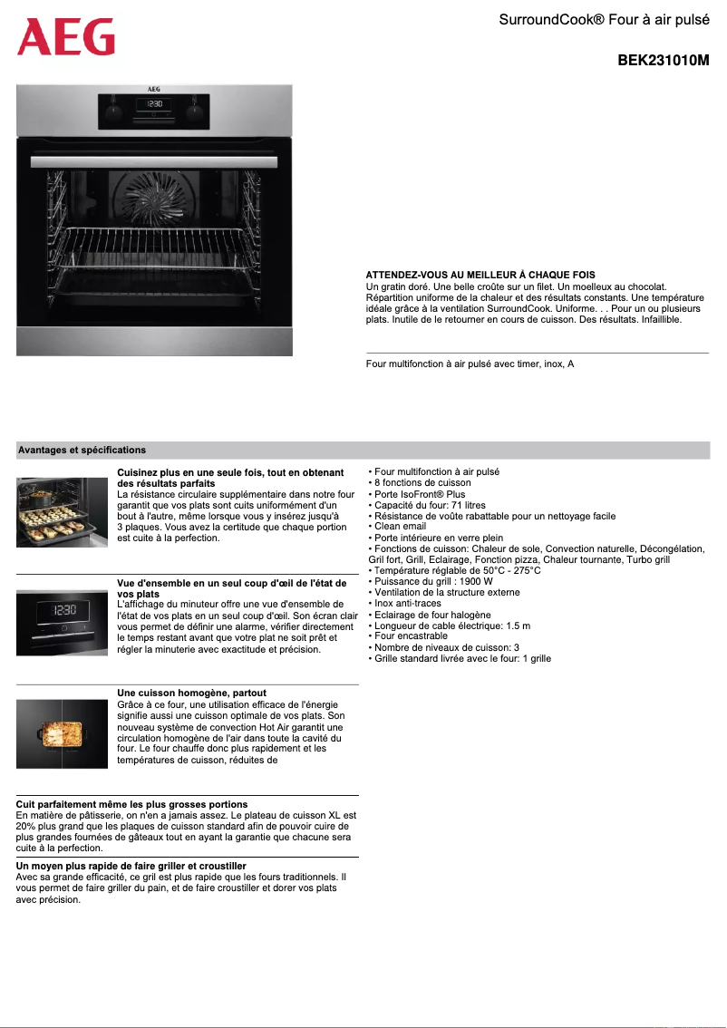 Page 1 de la notice Fiche technique AEG BEK231010M
