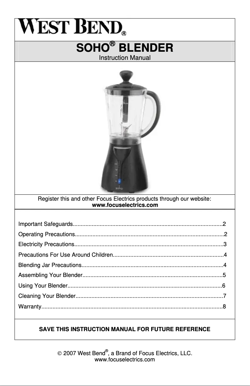 Page 1 de la notice Manuel utilisateur WestBend SHBL100