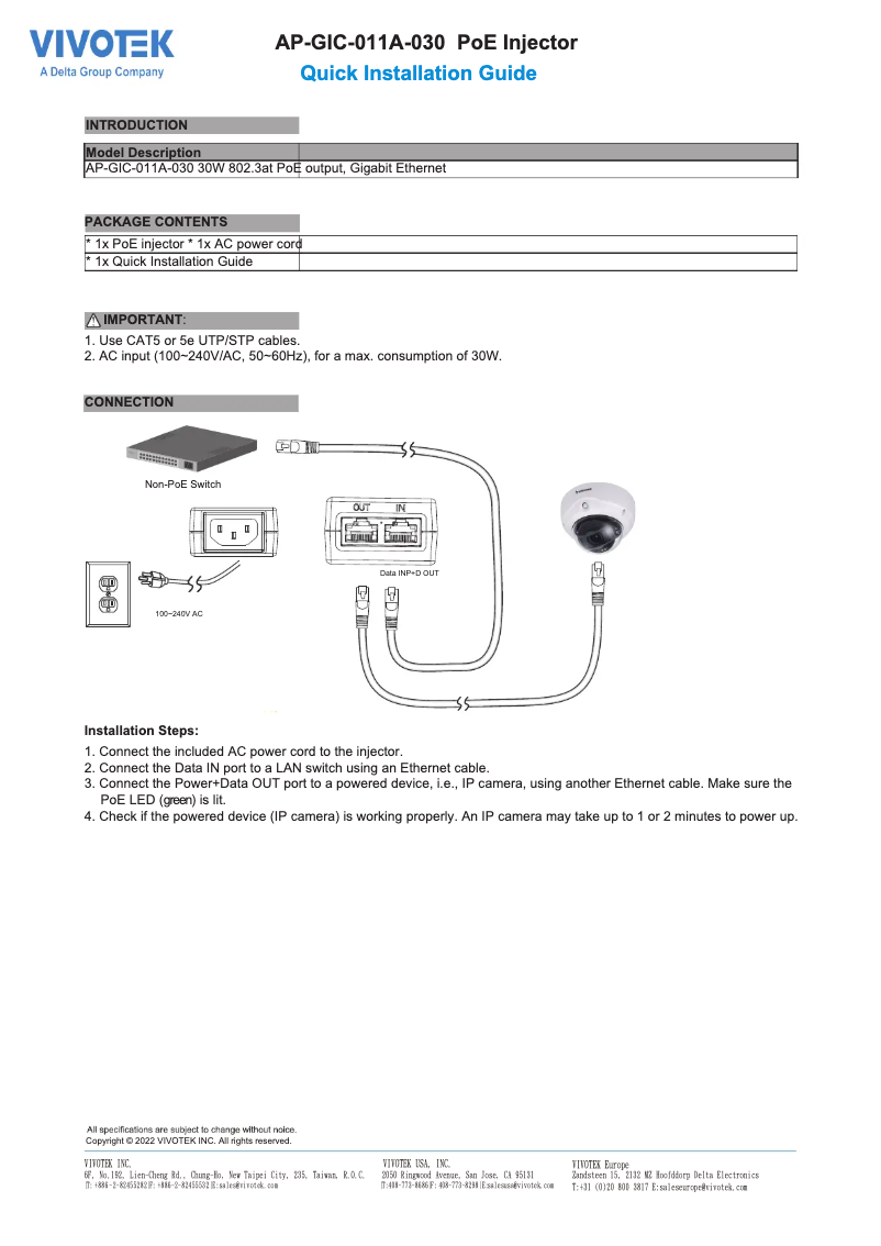 Page 1 de la notice Mode d'emploi Vivotek AP-GIC-011A-030
