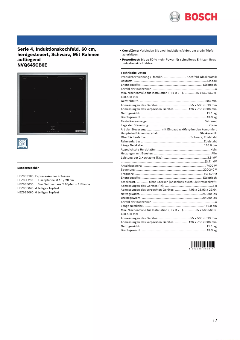Page 1 de la notice Fiche technique Bosch NVQ645CB6E