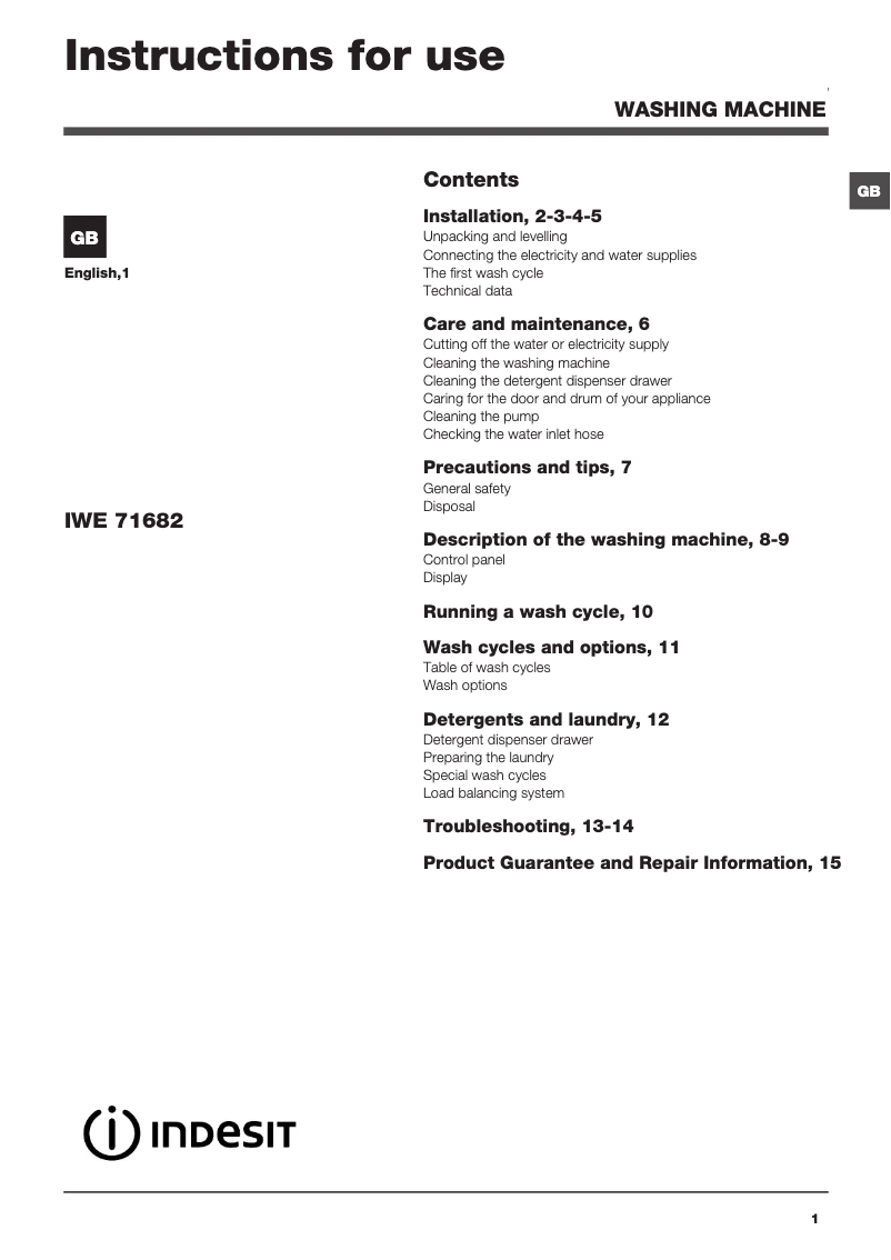 Page 1 de la notice Mode d'emploi Indesit IWE 71682W ECO UK