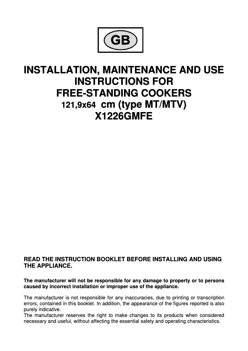 Page 1 de la notice Manuel utilisateur Bertazzoni Z122 6G MFE RO