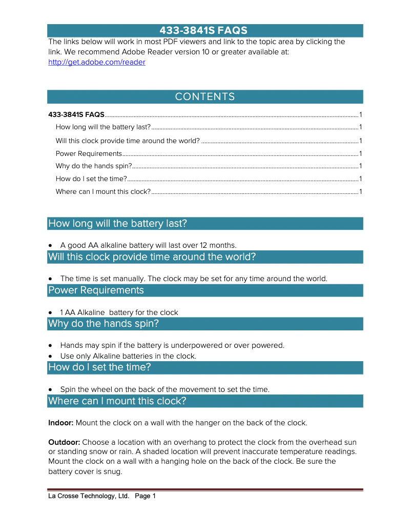 Página 1 del manual Preguntas frecuentes La Crosse Technology 433-3841S