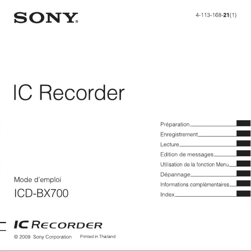 Page 1 de la notice Manuel utilisateur Sony ICD-BX700