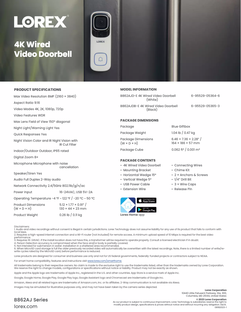 Page 1 de la notice Fiche technique Lorex B862AJDB