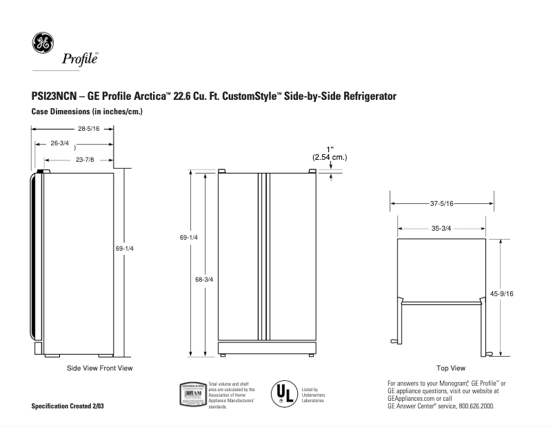 Página 1 del manual Ficha técnica GE Profile Arctica CustomStyle PSI23NCNCC