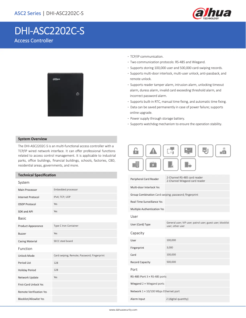 Page 1 de la notice Fiche technique Dahua Technology ASC2202C-S