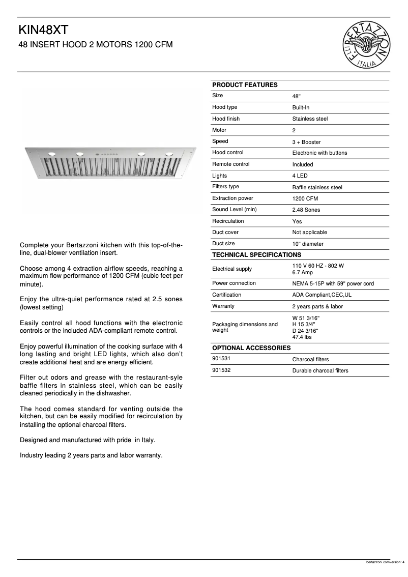 Page 1 de la notice Fiche technique Bertazzoni KIN48XT