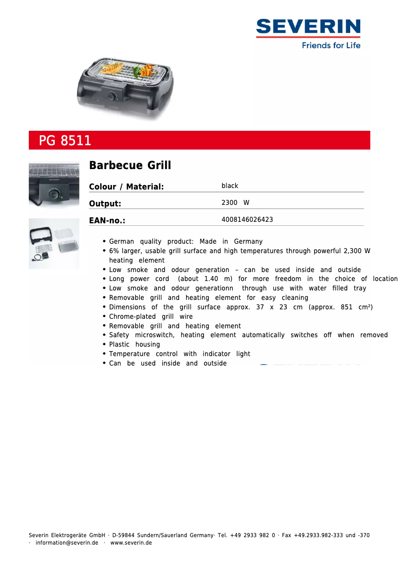 Page 1 de la notice Fiche technique Severin PG 8511