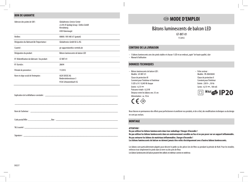 Page 1 de la notice Manuel utilisateur GlobalTronics GT-BXT-01