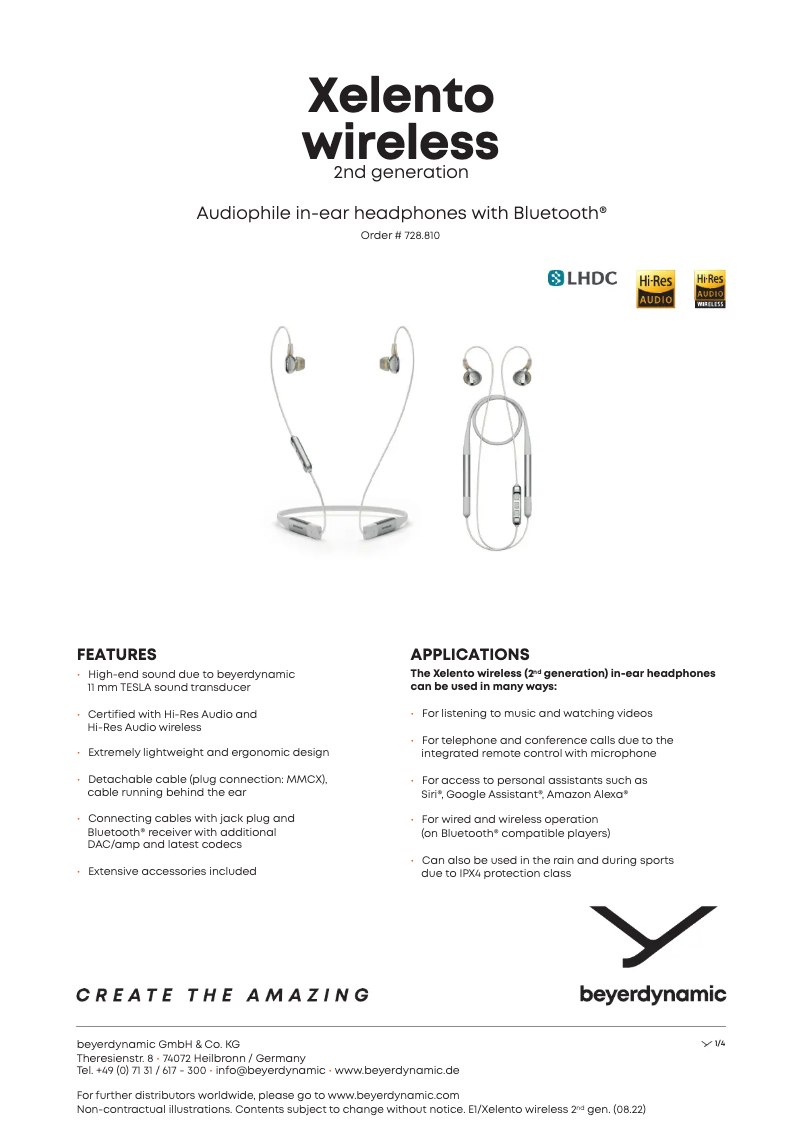 Page 1 de la notice Fiche technique Beyerdynamic Xelento Wireless