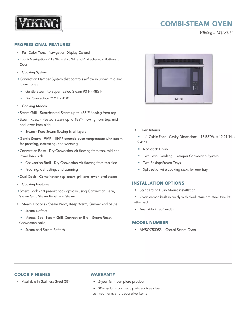 Page 1 of the manual Technical Sheet Viking MVSOC530SS
