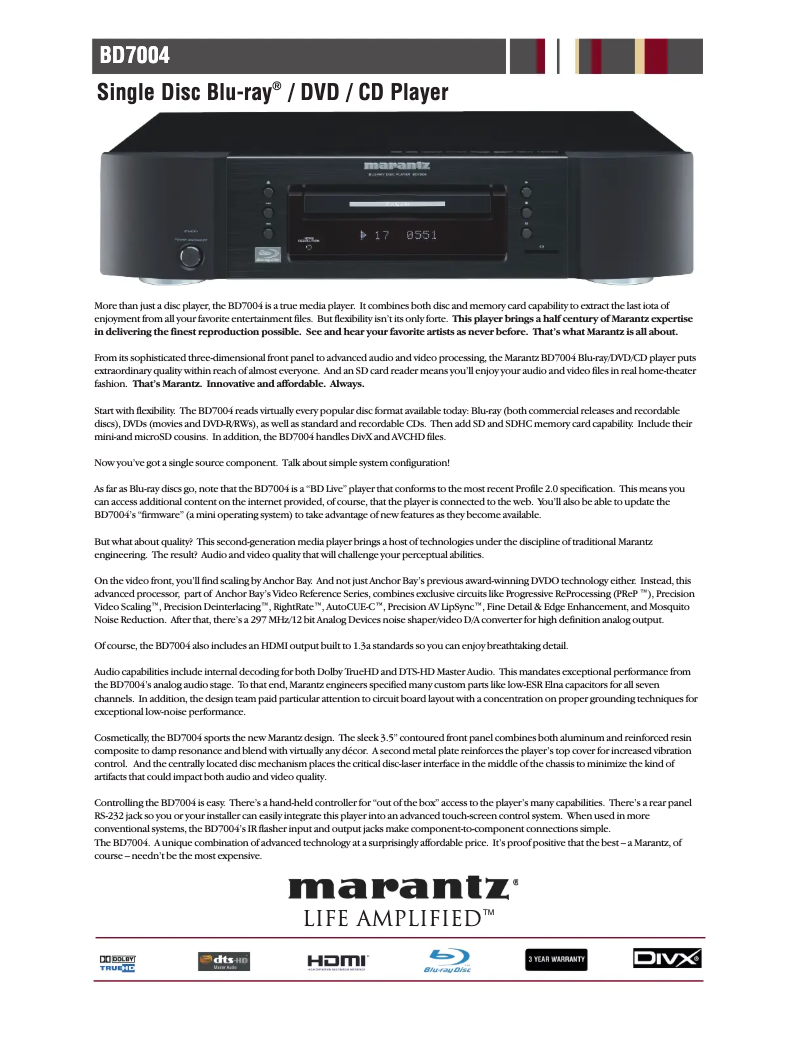 Page 1 de la notice Fiche technique Marantz BD7004