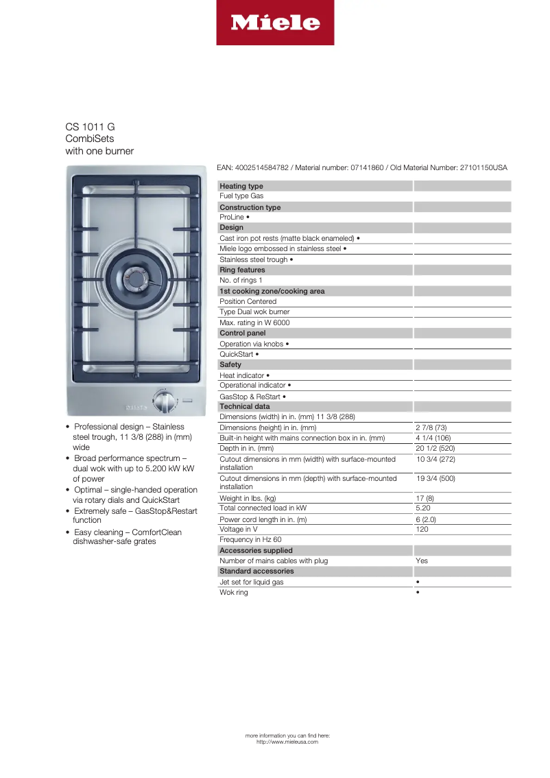 Página 1 del manual Ficha técnica Miele CS 1011 G
