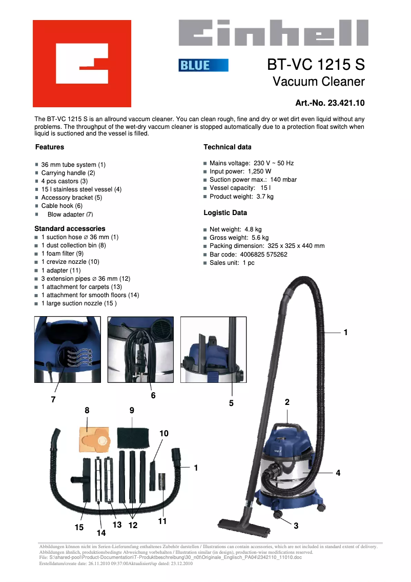 Page 1 de la notice Fiche technique Einhell BT-VC 1215 S