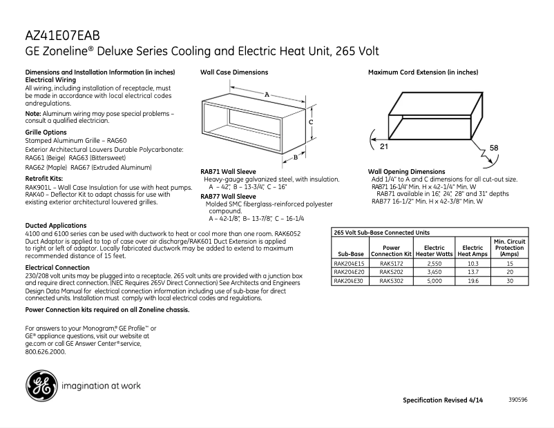 Página 1 del manual Ficha técnica GE AZ41E07EAB