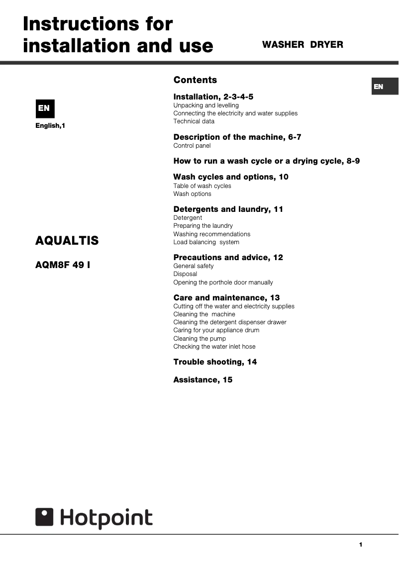 Página 1 del manual Manual de usuario Hotpoint AQM8F 49 U V