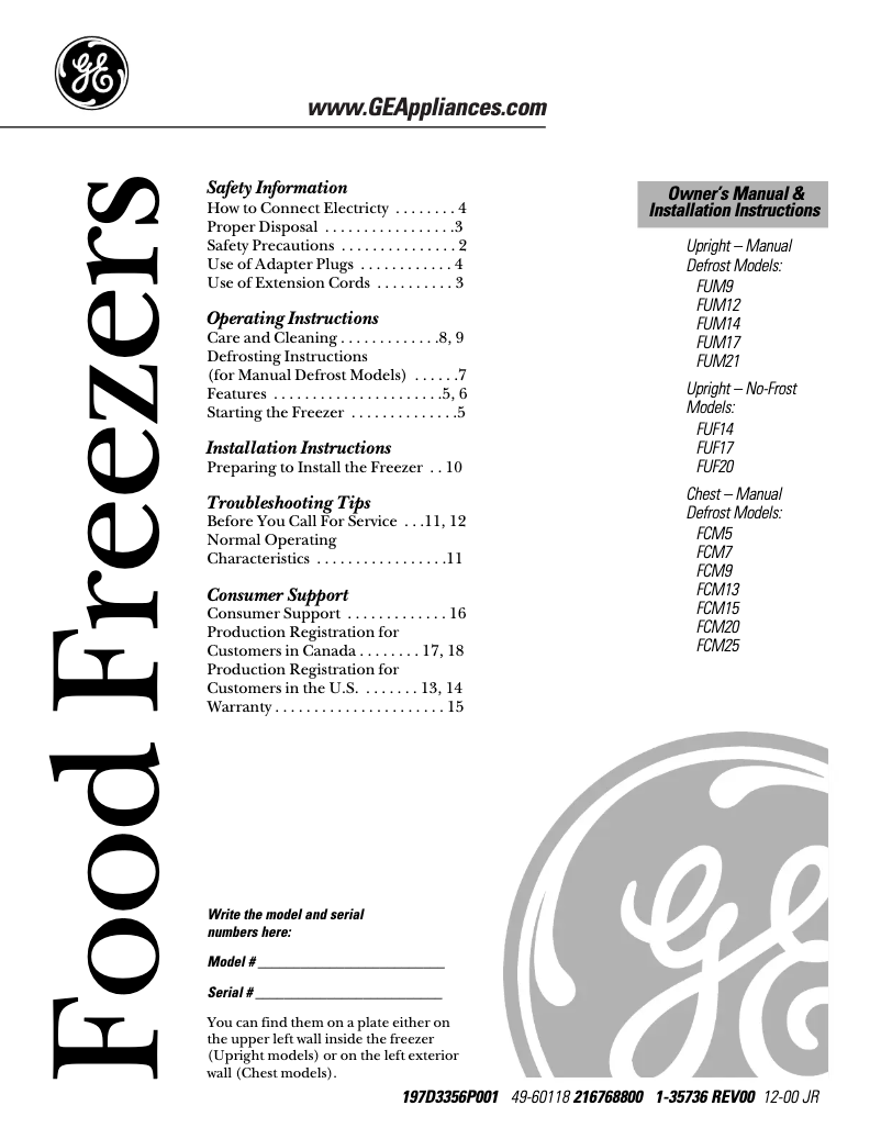 Page 1 de la notice Manuel d'utilisation et d'entretien GE FUM5SARWH