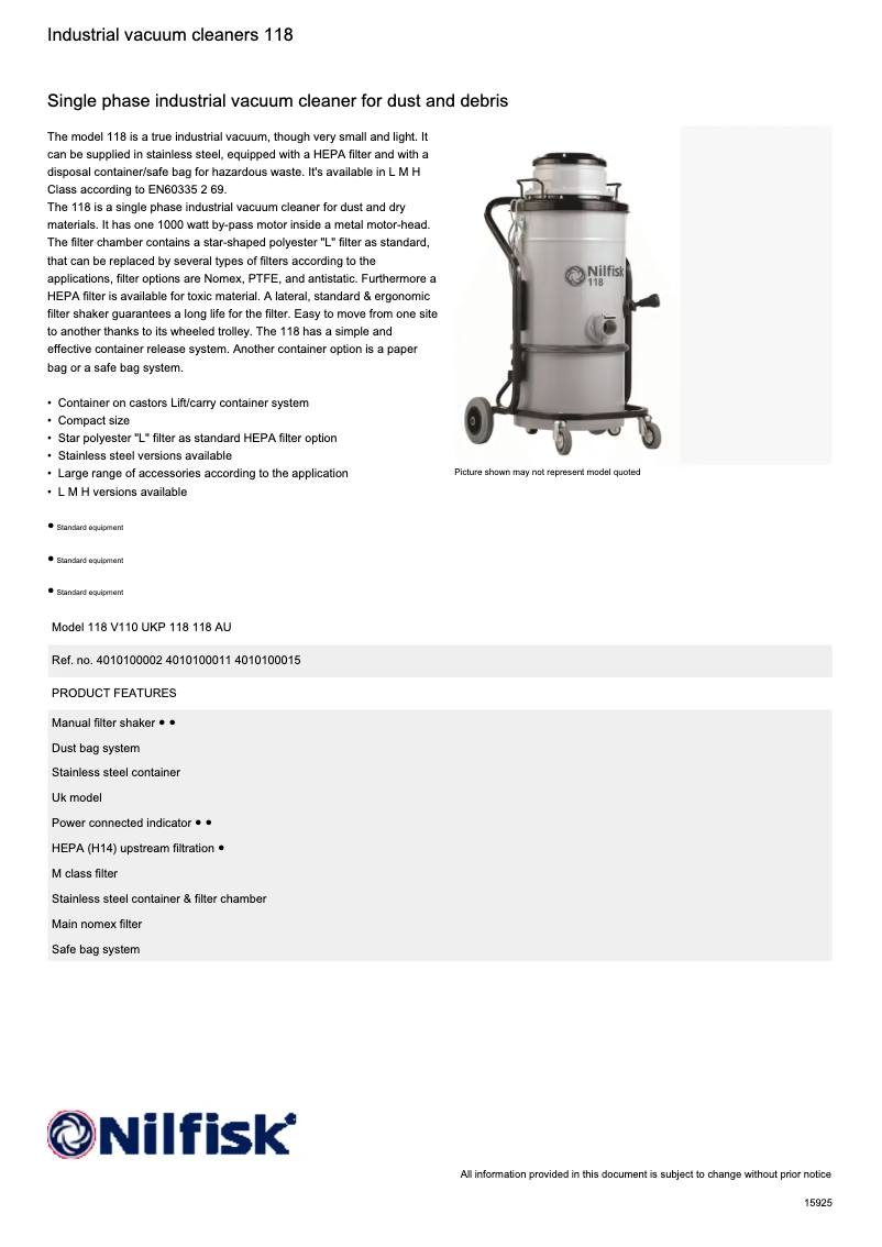 Page 1 de la notice Fiche technique Nilfisk 118