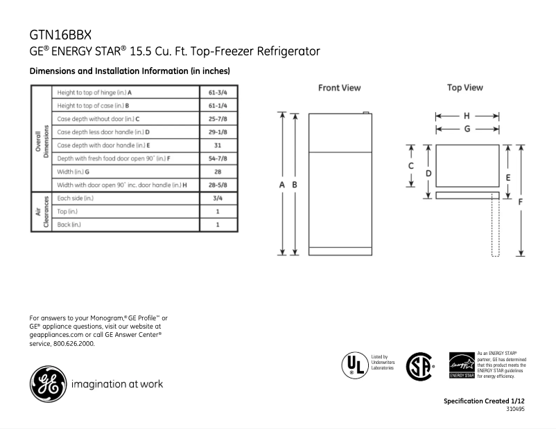 Page n°1 - Fiche technique GE GTN16BBXWW