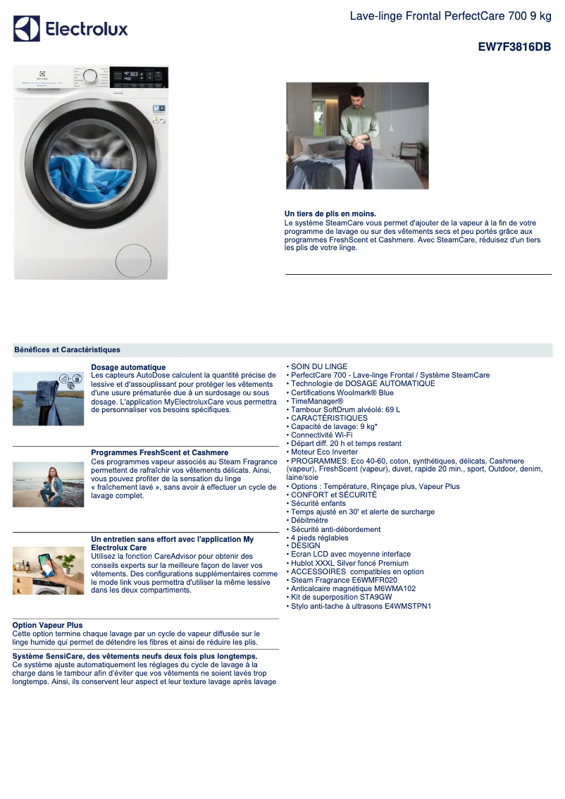 Page 1 de la notice Fiche technique Electrolux EW7F3816DB
