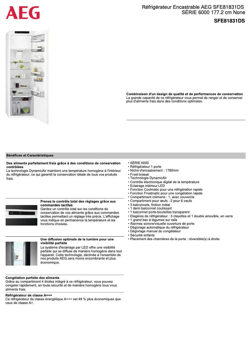 Page 1 de la notice Fiche technique AEG SFE81831DS